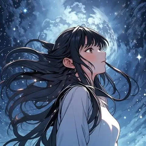 漫蛙品牌插画:星空下黑长发少女的侧脸,用来示意夜里追番的时段,非作品画面